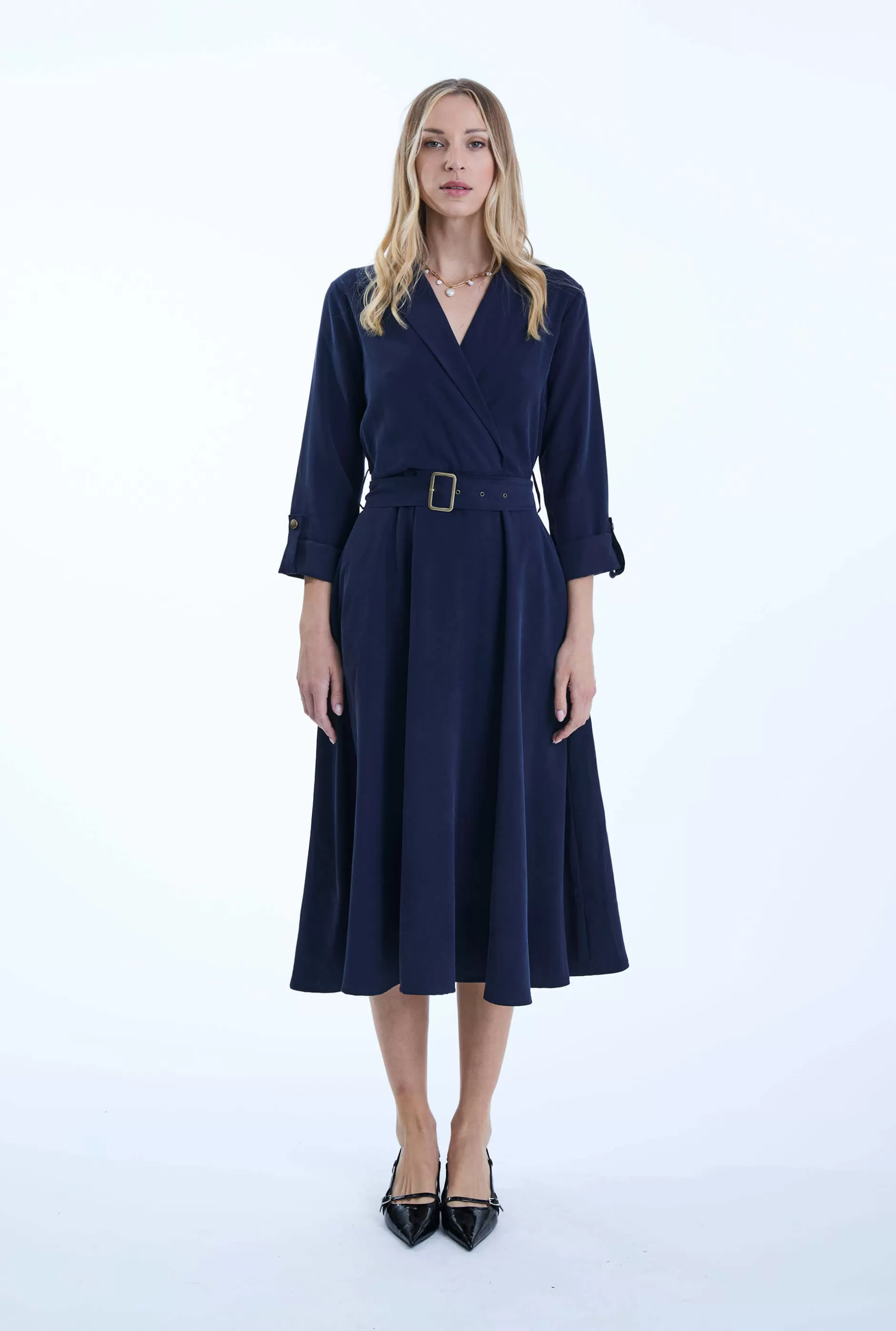 Belted Navy Suit Midi Dress^James Lakeland New