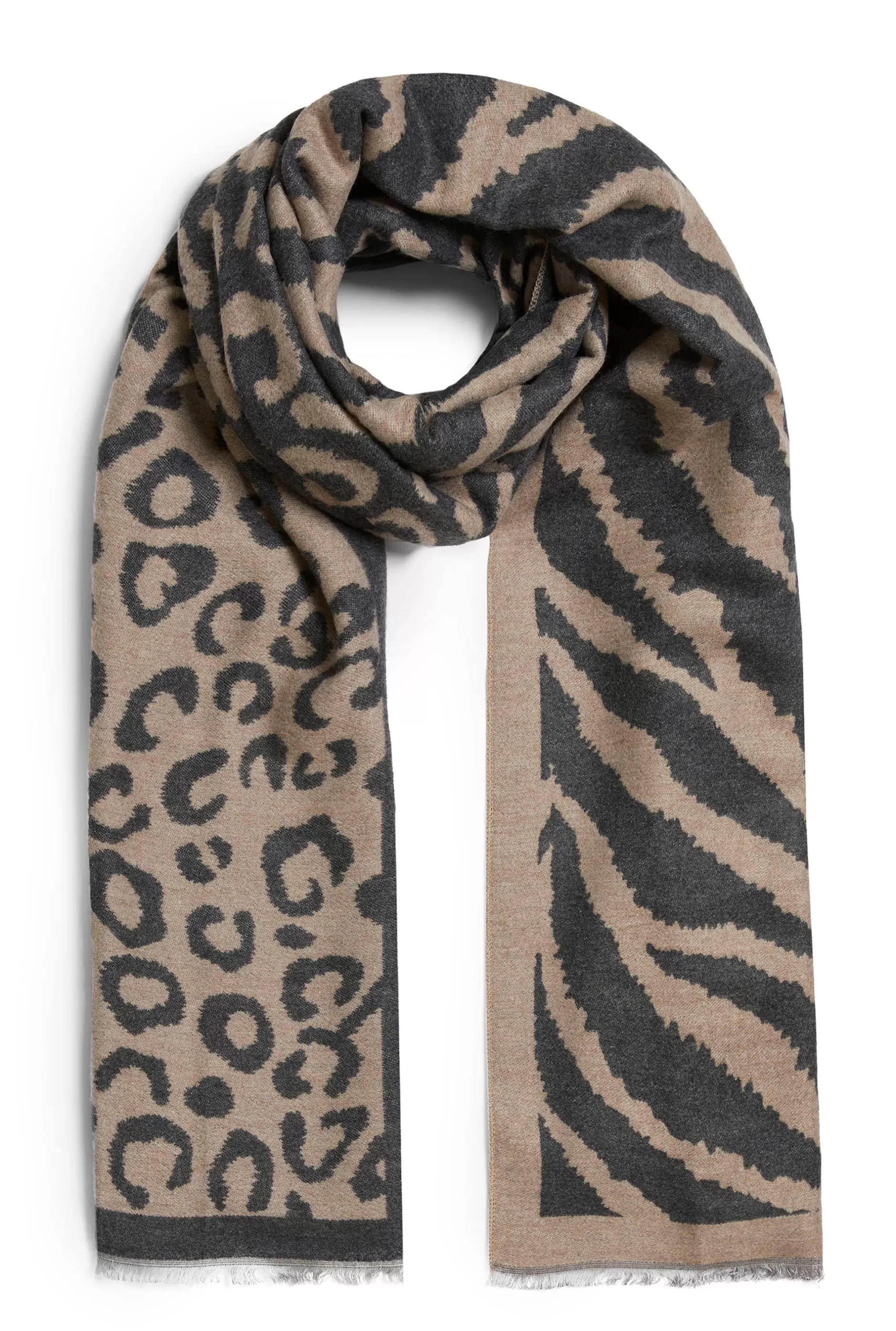 Leopard-Zebra Print Scarf Beige-Brown^James Lakeland New