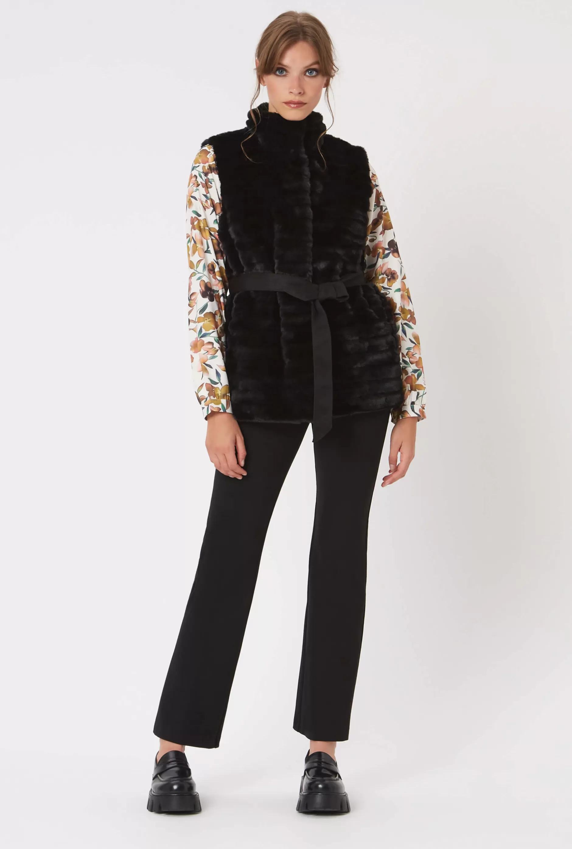 Ribbed Faux Fur Gilet With Belt Black^James Lakeland Hot