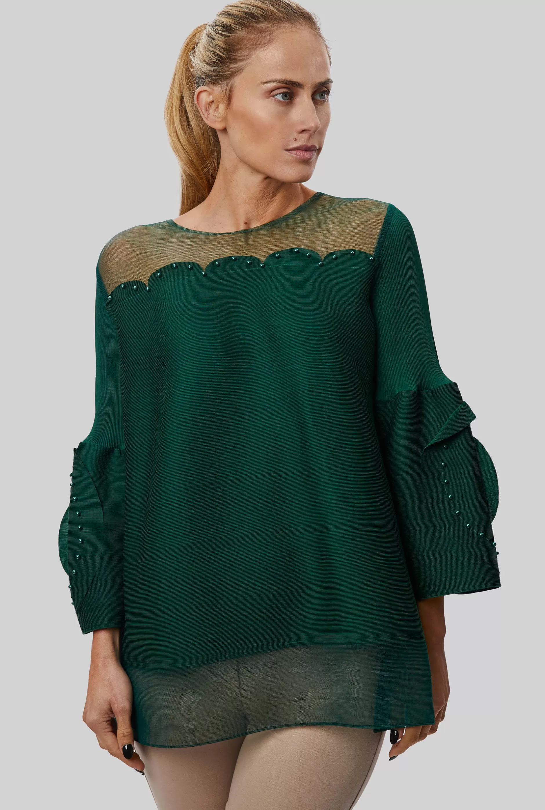 Rose Detail Sleeves Pleated Top In Green^James Lakeland Outlet